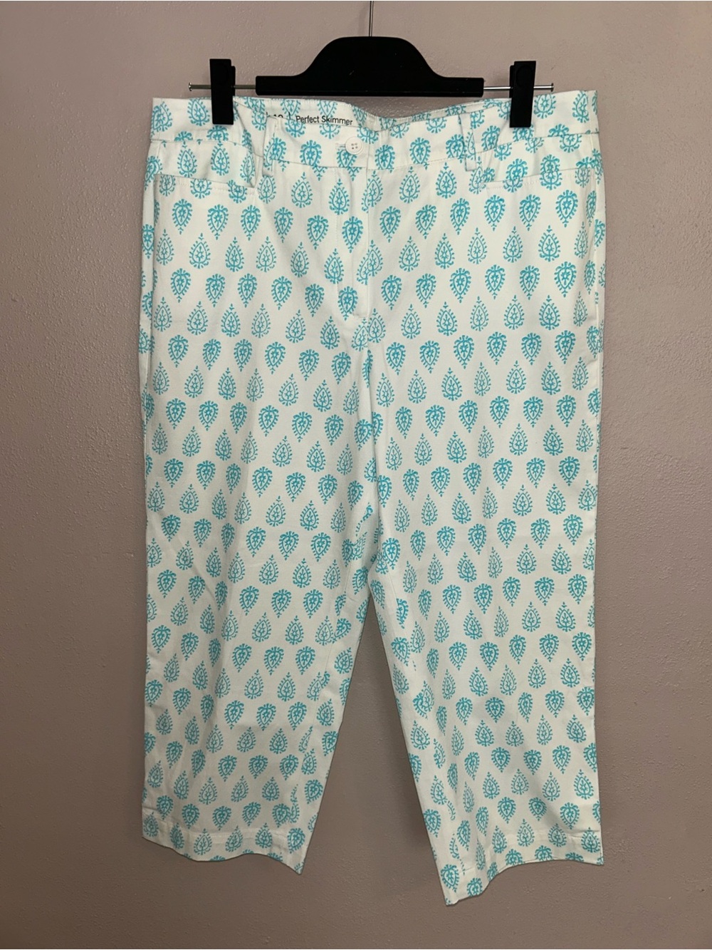 LOFT White Capris with Teal Paisley Print
